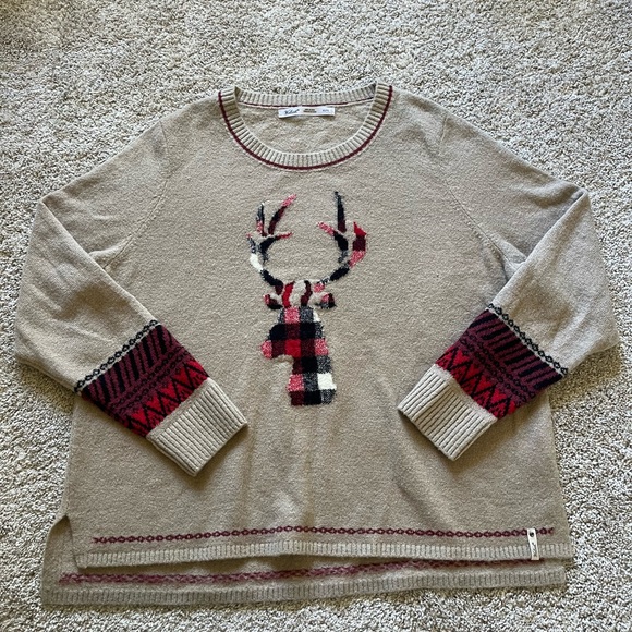 Woolrich Women's Wool Blend Christmas Holiday Sweater Size XL Beige Reindeer - Picture 2 of 11